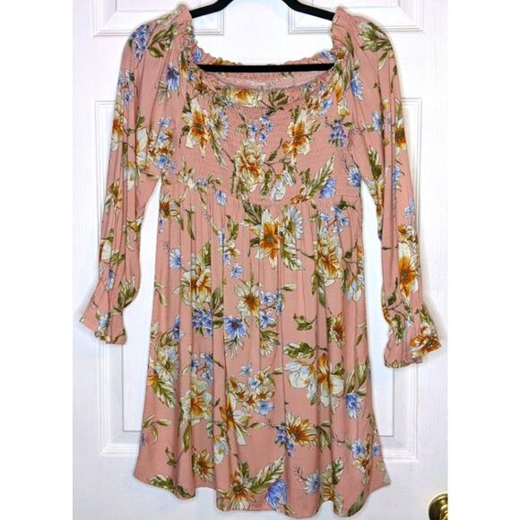 Xhilaration Blushing Pink Peasant Ruffle Long Sleeve Floral Spring Dress S - Picture 2 of 13